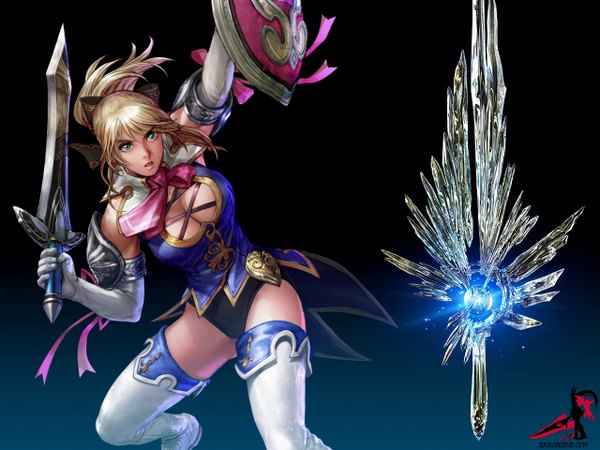Anime picture 1280x960 with soulcalibur cassandra alexandra breasts light erotic blonde hair large breasts green eyes cleavage ponytail thighhighs sword shield
