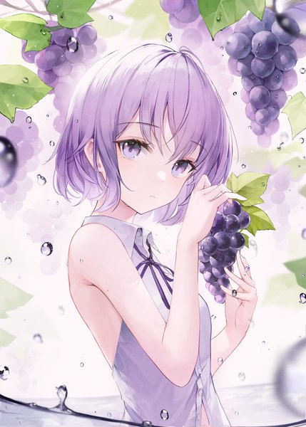 Anime picture 3000x4200 with original crystalherb single tall image looking at viewer fringe highres short hair simple background hair between eyes purple eyes holding purple hair upper body sleeveless expressionless girl ribbon (ribbons) food leaf (leaves)