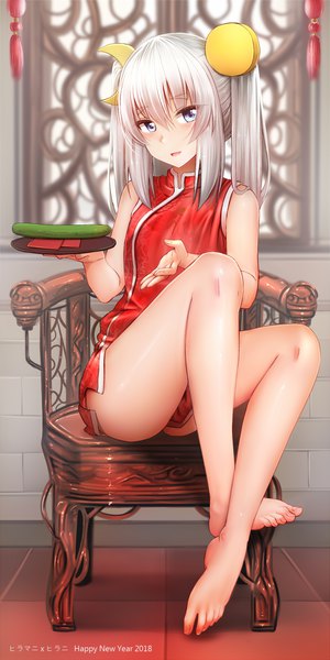 Anime picture 580x1157 with original ginhaha single long hair tall image looking at viewer blush fringe open mouth blue eyes light erotic hair between eyes sitting twintails holding silver hair full body bent knee (knees) indoors traditional clothes