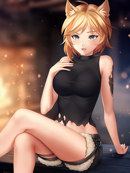 Anime picture 750x1000 with original gigamessy single tall image looking at viewer blush fringe short hair breasts open mouth light erotic blonde hair large breasts sitting signed animal ears yellow eyes ahoge :d blurry