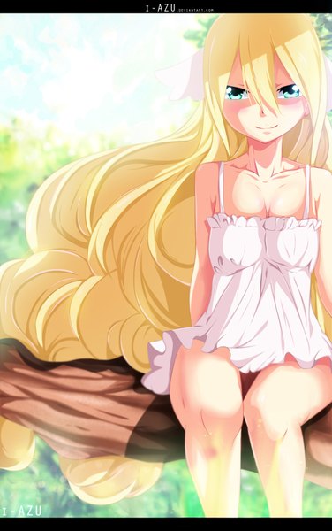 Anime picture 1124x1790 with fairy tail mavis vermillion i-azu single tall image blush fringe blue eyes light erotic blonde hair smile sky cloud (clouds) very long hair sunlight loli coloring letterboxed girl dress