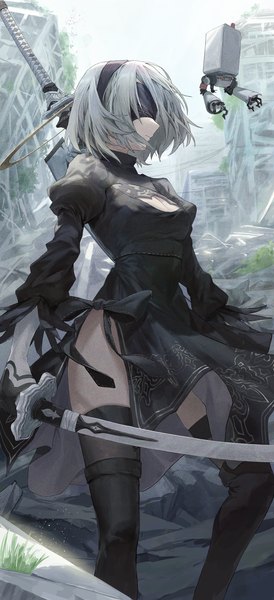 Anime picture 2123x4652 with nier nier:automata yorha no. 2 type b pod (nier:automata) fudepenbrushpen single tall image highres short hair standing cleavage outdoors profile grey hair ruins blindfold girl thighhighs weapon black thighhighs