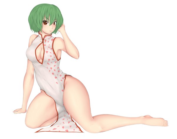 Anime picture 1400x1100 with touhou kazami yuuka cookin single looking at viewer short hair light erotic red eyes white background barefoot green hair bare legs legs chinese clothes girl chinese dress