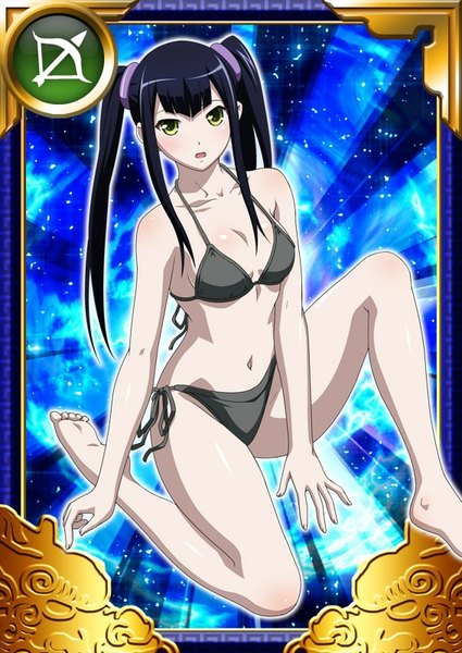 Anime picture 567x800 with ikkitousen saji genpou (true) single long hair tall image looking at viewer open mouth light erotic black hair twintails yellow eyes card (medium) girl navel swimsuit bikini black bikini