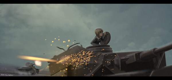 Anime picture 2304x1080 with girls und panzer nishizumi miho furukawa herzer single highres short hair brown hair wide image brown eyes signed looking away sky cloud (clouds) upper body profile dated letterboxed rain battle 2016