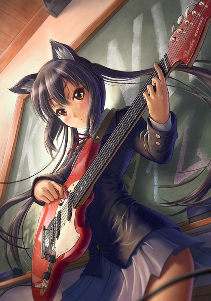 Anime picture 1000x1426 with k-on! kyoto animation nakano azusa pinakes single long hair tall image blush black hair twintails brown eyes animal ears cat ears girl skirt uniform school uniform guitar bass guitar