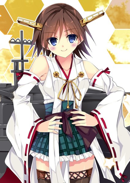 Anime picture 732x1035 with kantai collection hiei battleship kobayashi chisato single tall image looking at viewer blush short hair blue eyes smile brown hair traditional clothes nontraditional miko hands on hips remodel (kantai collection) girl hair ornament detached sleeves