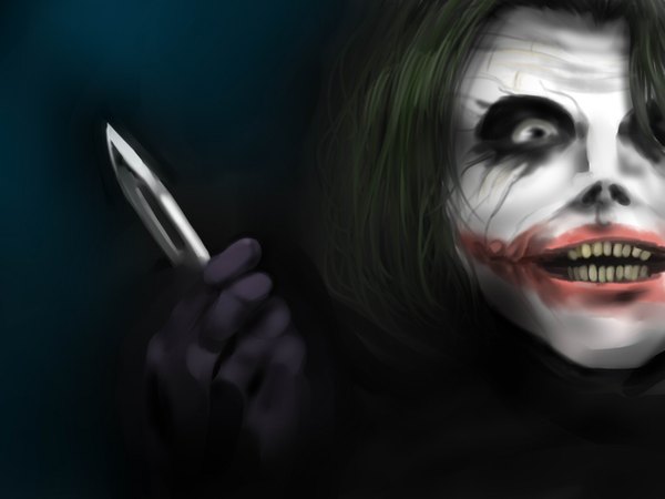 Anime picture 1600x1200 with dc comics the joker tsuki wani highres smile green hair makeup crazy smile clown creepy glasgow smile knife