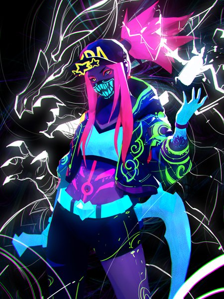 Anime picture 2048x2732 with league of legends k/da (league of legends) akali (league of legends) k/da akali mangamie single long hair tall image looking at viewer highres yellow eyes payot pink hair ponytail open jacket midriff star print ultraviolet light girl jacket