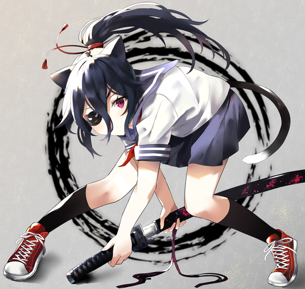 Anime picture 1579x1499 with original chamnaitu single long hair looking at viewer fringe black hair simple background hair between eyes holding animal ears full body ponytail tail animal tail pink eyes cat ears grey background cat girl cat tail