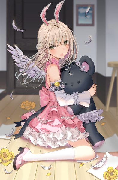 Anime picture 636x969 with original lloule single long hair tall image looking at viewer blush fringe open mouth blonde hair hair between eyes sitting bare shoulders green eyes animal ears full body bent knee (knees) indoors :o high heels