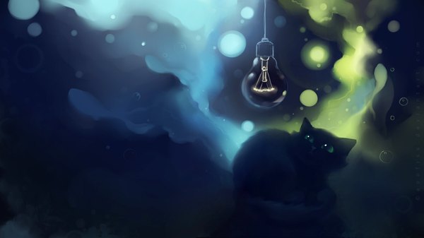Anime picture 1920x1080 with original apofiss highres wide image green eyes animal cat bubble (bubbles) lamp