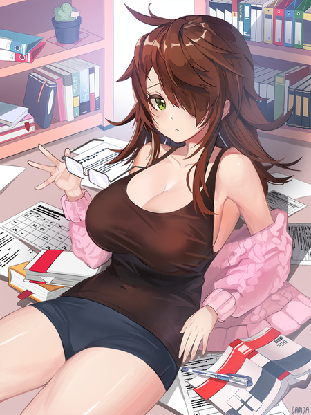 Anime picture 750x1000 with original damda single long hair tall image looking at viewer blush fringe breasts light erotic brown hair large breasts holding green eyes cleavage indoors hair over one eye off shoulder mole mole under eye