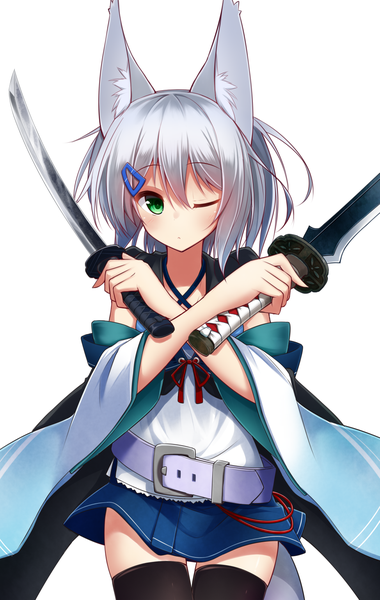 Anime picture 974x1535 with original surume aburi single tall image looking at viewer blush fringe short hair simple background hair between eyes standing white background holding green eyes animal ears silver hair tail animal tail one eye closed wide sleeves