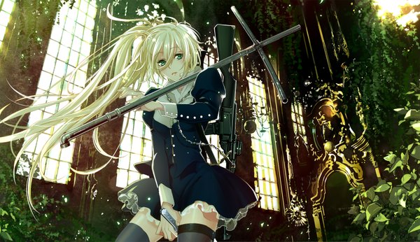 Anime picture 1500x866 with original saekiri single long hair looking at viewer wide image green eyes white hair zettai ryouiki girl thighhighs dress weapon black thighhighs plant (plants) window gun cross