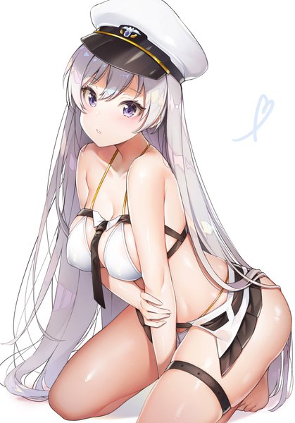 Anime picture 2740x3922 with azur lane enterprise (azur lane) yayoichi (yoruyoru108) single long hair tall image looking at viewer blush fringe highres breasts light erotic simple background hair between eyes large breasts white background purple eyes bare shoulders silver hair parted lips