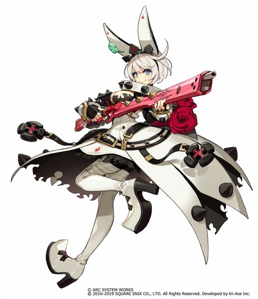 Anime picture 798x925 with guilty gear guilty gear xrd elphelt valentine yuu ( higashi no penguin) single tall image looking at viewer fringe short hair breasts blue eyes light erotic simple background smile hair between eyes large breasts white background animal ears cleavage full body