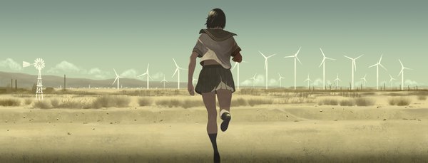 Anime picture 2000x765 with original shiira single highres short hair black hair wide image sky cloud (clouds) from behind landscape running girl skirt uniform socks serafuku black socks wind turbine