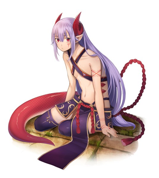 Anime picture 3130x3508 with original melusine (ibuki notsu) kichannico single long hair tall image looking at viewer fringe highres breasts light erotic simple background hair between eyes red eyes white background sitting bare shoulders payot absurdres purple hair