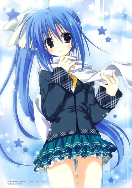 Anime picture 2455x3492 with original korie riko single long hair tall image looking at viewer blush highres smile purple eyes blue hair ponytail light smile scan side ponytail girl skirt scarf star (symbol)