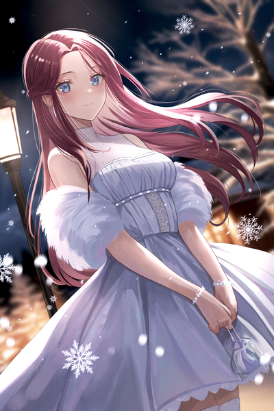 Anime picture 2000x3000 with original heichanart single long hair tall image looking at viewer blush fringe highres blue eyes standing bare shoulders holding outdoors red hair light smile blurry night dutch angle depth of field