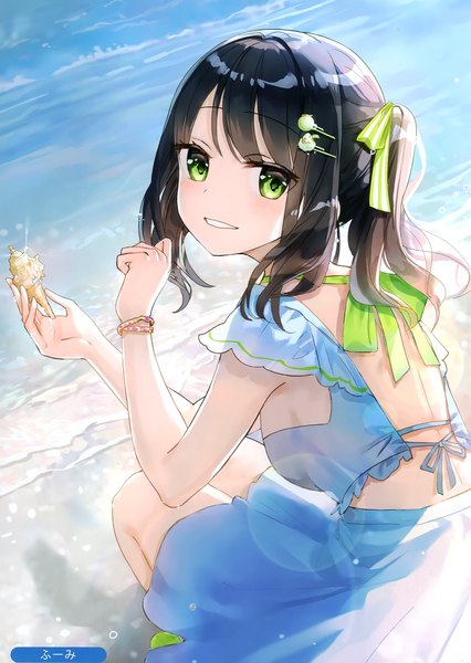 Anime picture 2099x2958 with melonbooks fuumi (radial engine) single long hair tall image looking at viewer blush fringe highres breasts black hair smile holding green eyes signed payot outdoors parted lips looking back from above