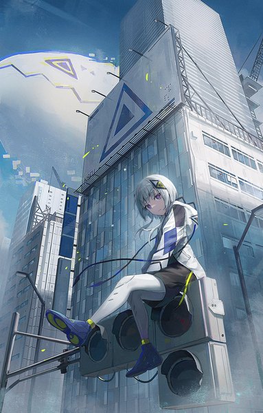Anime picture 1306x2048 with virtual youtuber kamitsubaki studio cevio kafu (cevio) nekoreito single long hair tall image looking at viewer sitting purple eyes twintails silver hair full body outdoors from below low twintails girl building (buildings) aircraft