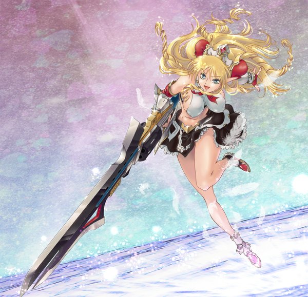 Anime picture 1035x1000 with super robot wars neige hausen msda open mouth light erotic blonde hair smile green eyes aqua eyes pointy ears midriff sideboob drill hair standing on one leg elf hanging breasts long legs gunblade girl gloves