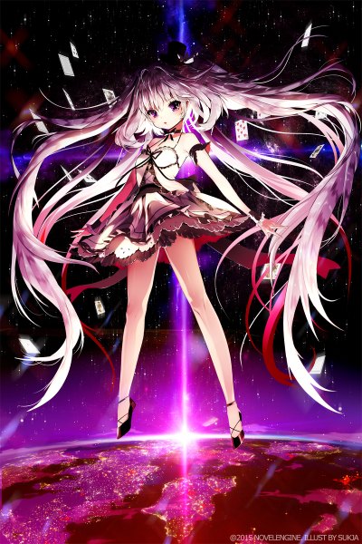 Anime picture 800x1200 with original sorolp single tall image looking at viewer fringe open mouth twintails bare shoulders pink hair very long hair from above light city lights space girl dress ribbon (ribbons) heart star (stars)