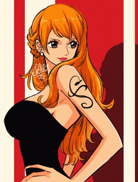 Anime picture 1562x2047 with one piece toei animation nami (one piece) sherumaru (korcht06) single long hair tall image fringe breasts simple background large breasts standing brown eyes signed looking away braid (braids) light smile lips orange hair shadow