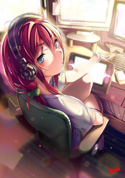 Anime picture 700x990 with original ryuji (ikeriu) single long hair tall image blush blue eyes sitting red hair looking back girl headphones chair office chair