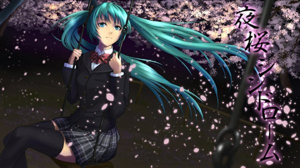 Anime picture 960x540 with vocaloid hatsune miku din (raiden) single long hair fringe wide image sitting twintails looking away bent knee (knees) pleated skirt aqua eyes aqua hair cherry blossoms plaid skirt girl thighhighs skirt uniform