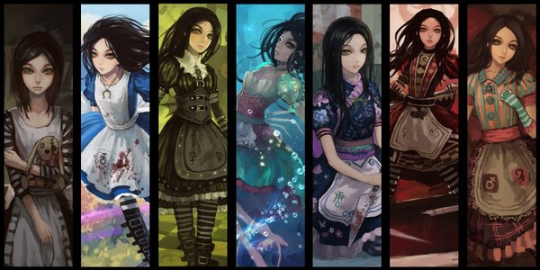 Anime picture 1920x960 with american mcgee's alice (game) alice: madness returns alice (american mcgee's) gjred long hair highres wide image striped multiview underwater column lineup girl pantyhose boots blood apron toy stuffed animal striped pantyhose stitches