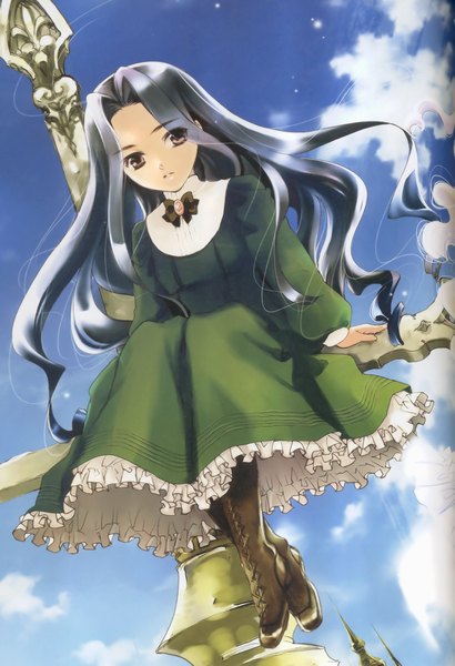 Anime picture 1476x2160 with kuramoto kaya long hair tall image black hair sitting brown eyes sky cloud (clouds) girl dress thigh boots cross