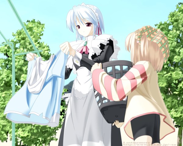 Anime picture 1280x1024 with suigetsu kotonomiya yuki yamato suzuran maid loli bike shorts laundry