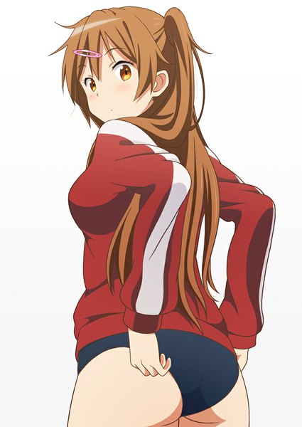 Anime picture 725x1024 with chuunibyou demo koi ga shitai! kyoto animation nibutani shinka travesters (artist) single long hair tall image looking at viewer blush light erotic simple background brown hair white background brown eyes looking back one side up girl hair ornament jacket shorts