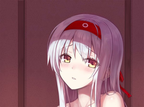 Anime picture 1344x1000 with kantai collection shoukaku aircraft carrier hiten (hitenkei) single long hair looking at viewer blush fringe bare shoulders brown eyes silver hair parted lips head tilt topless girl ribbon (ribbons) hair ribbon room