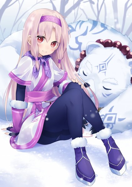 Anime picture 1061x1500 with fate (series) fate/grand order illyasviel von einzbern sitonai shirou (fate/grand order) kito koruta single long hair tall image looking at viewer blush fringe smile hair between eyes red eyes sitting payot pink hair full body outdoors