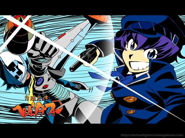 Anime picture 1024x768 with tengen toppa gurren lagann persona 4 persona gainax shirogane naoto short hair blue eyes smile blue hair wallpaper watermark androgynous parody reverse trap hat gun cabbie hat oto tin