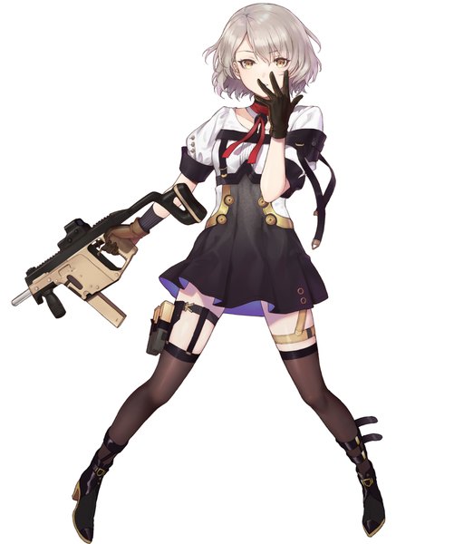 Anime picture 2000x2394 with girls frontline vector (girls frontline) twintails isshou tsui single tall image looking at viewer blush fringe highres short hair breasts simple background hair between eyes standing white background holding yellow eyes full body arm up grey hair