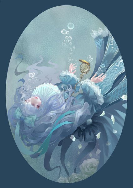 Anime picture 800x1132 with original fumiko (vici) single tall image blue hair eyes closed lips underwater falling girl dress flower (flowers) bow ribbon (ribbons) hair bow hair ribbon petals rose (roses) bubble (bubbles) clock