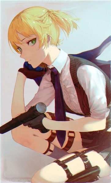 Anime picture 605x1000 with girls frontline welrod mk2 (girls frontline) ryono mizuki single tall image looking at viewer fringe short hair blonde hair simple background hair between eyes twintails holding green eyes bent knee (knees) profile pleated skirt grey background shaded face squat