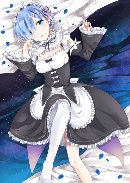 Anime picture 724x1023 with re:zero kara hajimeru isekai seikatsu white fox rem (re:zero) natsuo single tall image looking at viewer blush fringe short hair breasts open mouth blue eyes blue hair lying hair flower from above hair over one eye wide sleeves maid
