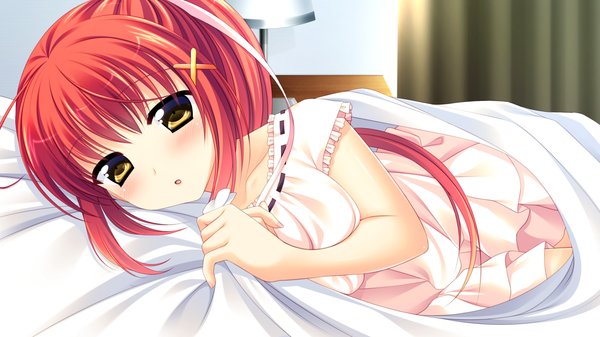 Anime picture 1280x720 with natsu koi high pressure nanase hikari ayamisiro single long hair looking at viewer blush breasts open mouth wide image large breasts brown eyes game cg red hair on side girl dress hair ornament hairclip bed