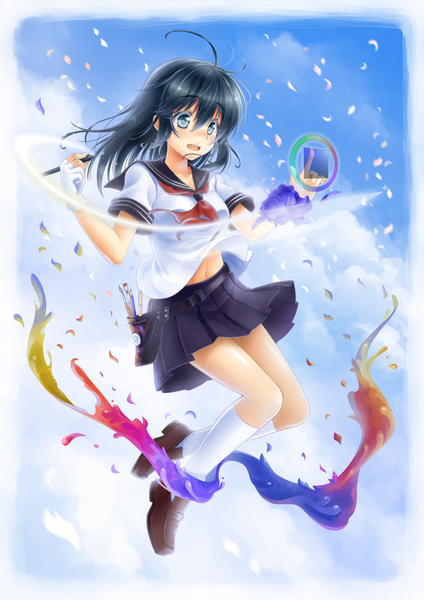 Anime picture 1061x1500 with original okitakung single long hair tall image blush open mouth blue eyes black hair girl skirt miniskirt socks serafuku shoes white socks pen paintbrush paint stylus