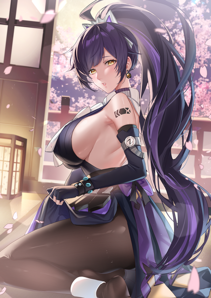 Anime picture 1158x1637 with tower of fantasy saki fuwa (tower of fantasy) nu10040904 single long hair tall image looking at viewer fringe breasts light erotic large breasts yellow eyes payot purple hair ponytail indoors parted lips wind night tattoo