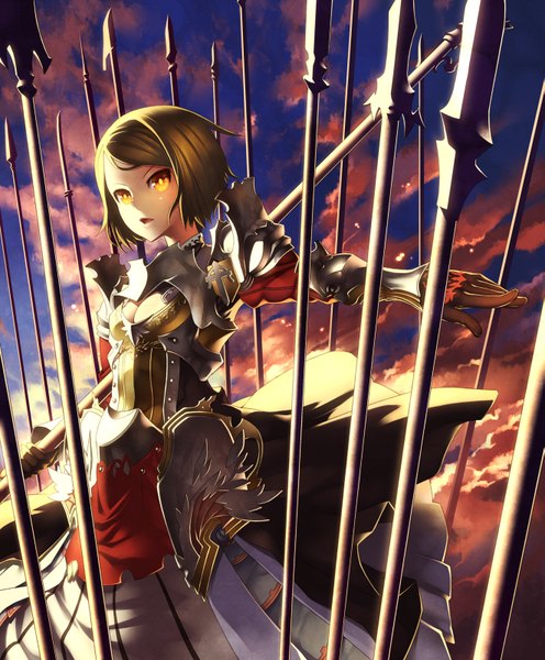 Anime picture 1323x1600 with kunieda tall image short hair brown hair sky cloud (clouds) orange eyes girl weapon armor spear