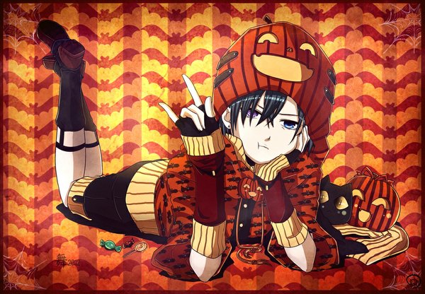 Anime picture 1024x710 with kuroshitsuji a-1 pictures ciel phantomhive single looking at viewer short hair heterochromia halloween boy animal food shorts boots sweets fingerless gloves cat candy cap
