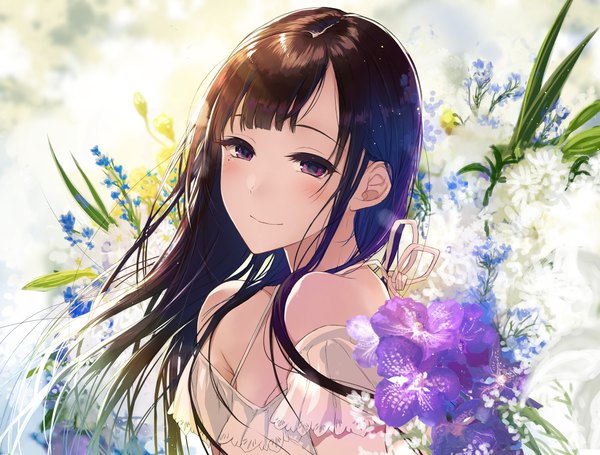 Anime picture 1178x895 with ane naru mono chiyo (ane naru mono) pochi (pochi-goya) single long hair looking at viewer fringe brown hair purple eyes bare shoulders cleavage upper body light smile wind official art girl flower (flowers)