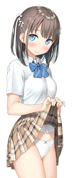 Anime-Bild 1028x2500 mit original kantoku single tall image looking at viewer blush fringe short hair breasts blue eyes light erotic simple background smile brown hair standing white background pleated skirt short sleeves two side up plaid skirt